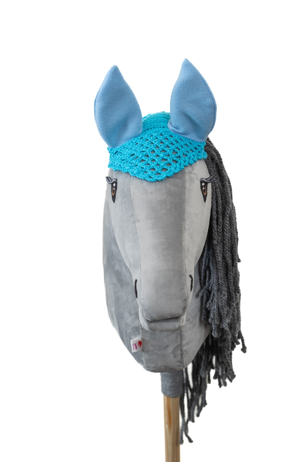 Ručně háčkovaná tyrkysová čabraka pro hobby horse s modrýma ušima.