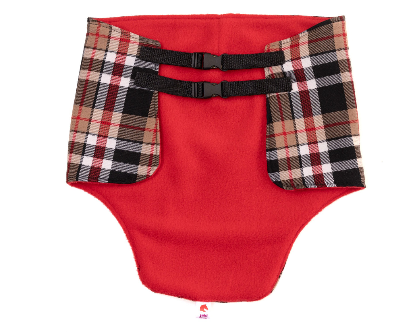 Detail prošívání a materiálu na béžovo-červené kárované dečce pro hobby horse od značky JUHI.