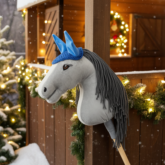 Gehäkelte Fliegenhaube - dunkelblau mit blauen Ohren - Pferd Groß