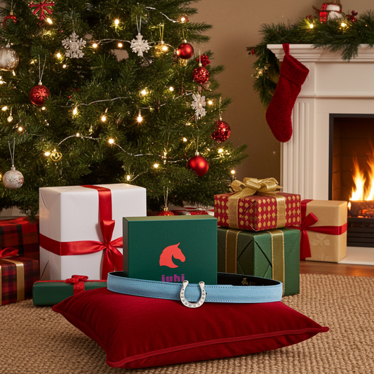 Hellblauer Gürtel mit austauschbarer silberner Hufeisenschnalle mit Swarovski-Steinen