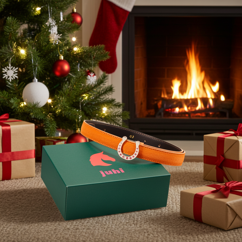 Orangefarbener Gürtel mit austauschbarer goldener Hufeisenschnalle mit Swarovski-Steinen