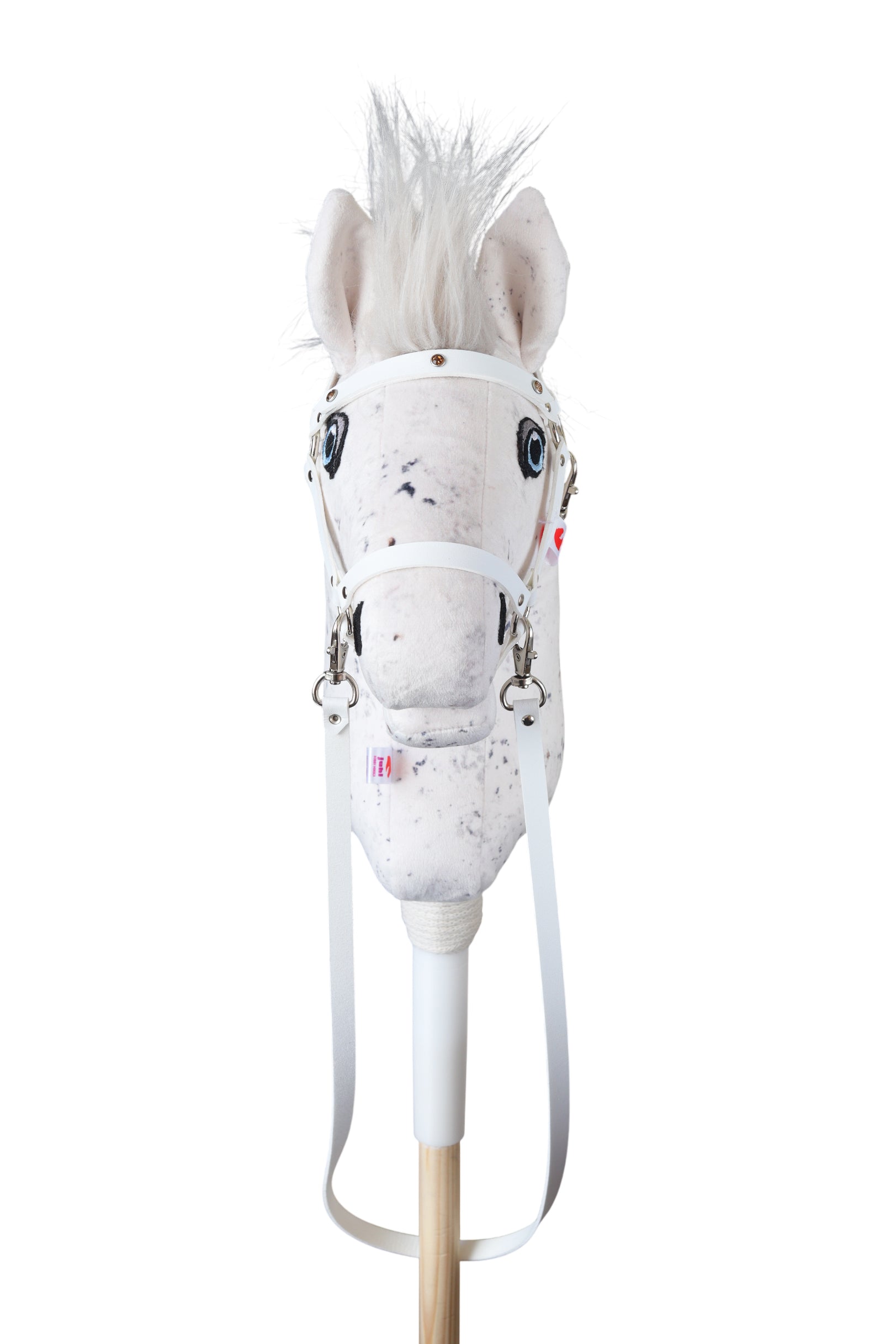 Hobbyhorse s bílou ohlávkou s ozdobnými nýty. Pohled zepředu.