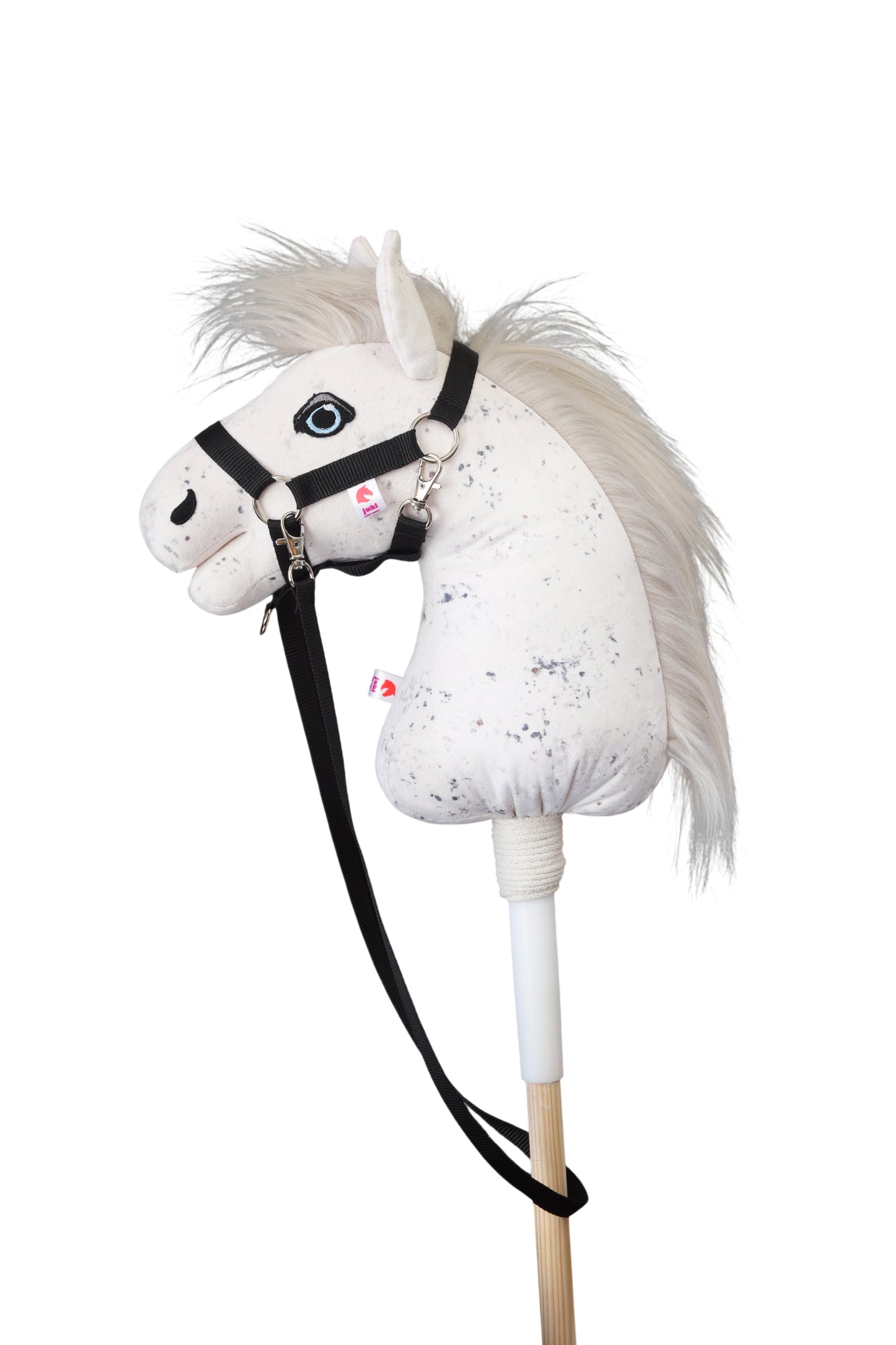 Hobbyhorse s černou ohlávkou a otěží z polypropylenu.
