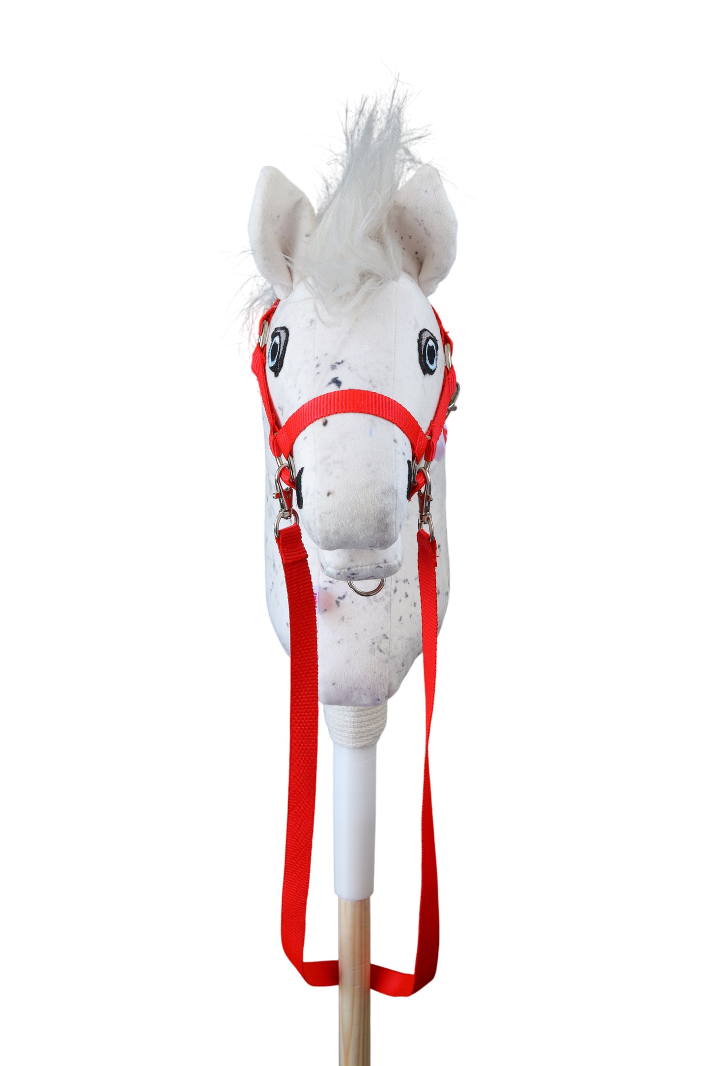 Hobbyhorse s červenou ohlávkou a otěží z polypropylenu. Pohled zepředu.