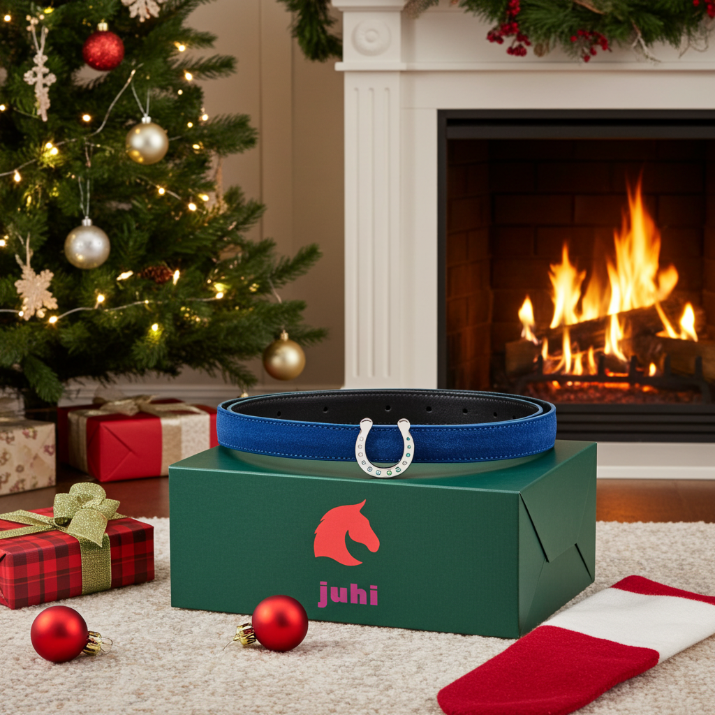 Dunkelblauer Gürtel mit austauschbarer silberner Hufeisenschnalle mit Swarovski-Steinen