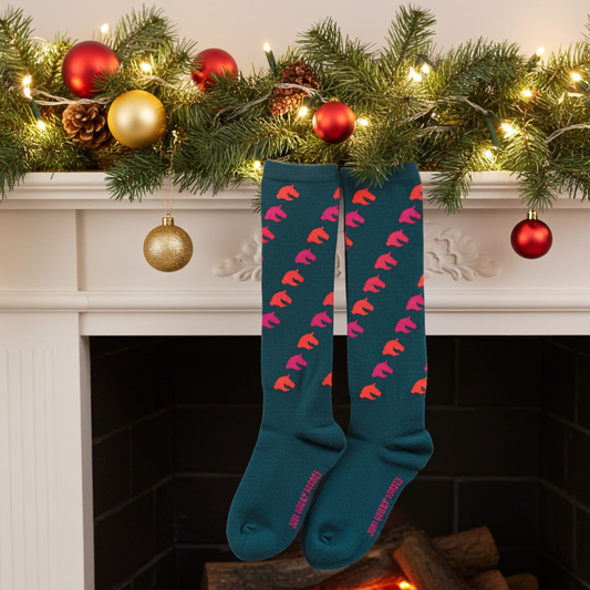 Kniestrümpfe für Hobbyhorsing grün mit Pferdemotiv