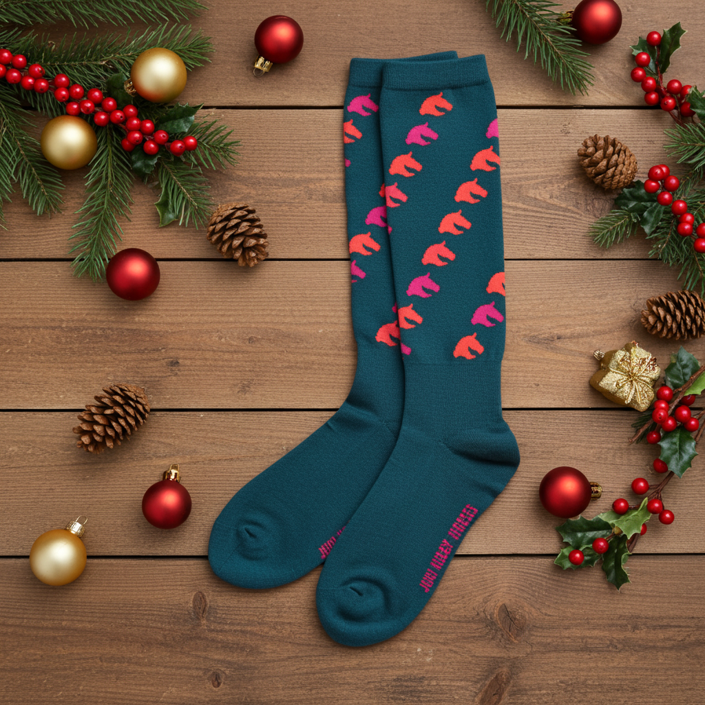 Kniestrümpfe für Hobbyhorsing grün mit Pferdemotiv