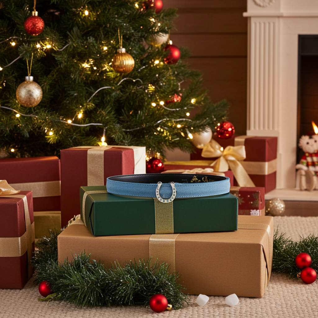 Hellblauer Gürtel mit austauschbarer silberner Hufeisenschnalle mit Swarovski-Steinen