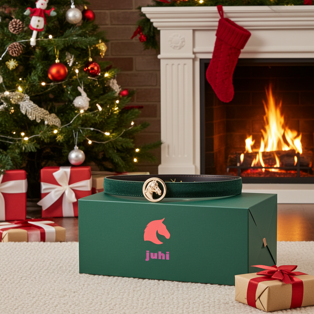 Dunkelgrüner Gürtel mit austauschbarer goldener Pferdekopfschnalle