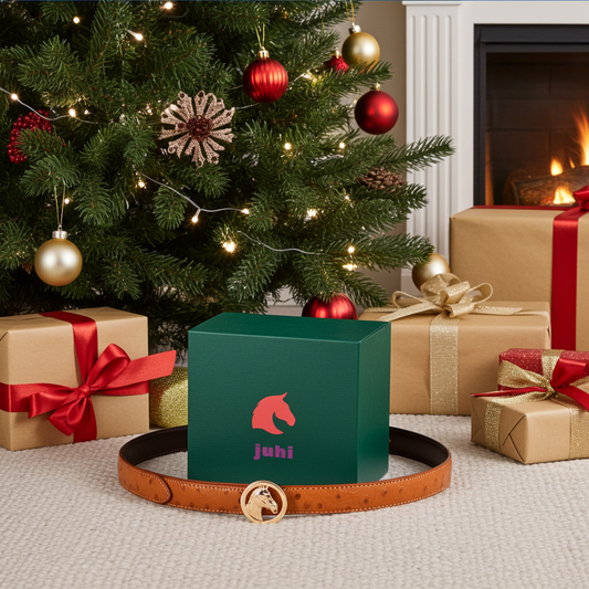 Brauner Gürtel mit austauschbarer goldener Pferdekopfschnalle