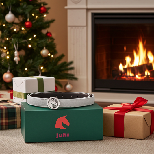 Hellgrauer Gürtel mit austauschbarer silberner Pferdekopfschnalle