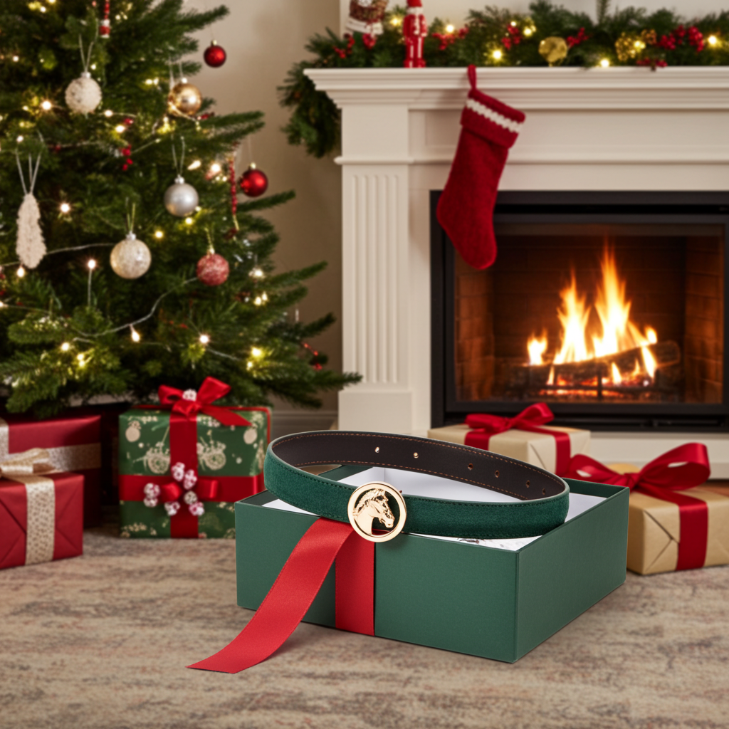 Dunkelgrüner Gürtel mit austauschbarer goldener Pferdekopfschnalle