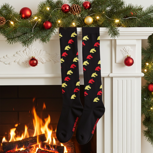 Kniestrümpfe für Hobbyhorsing schwarz mit Pferdemotiv